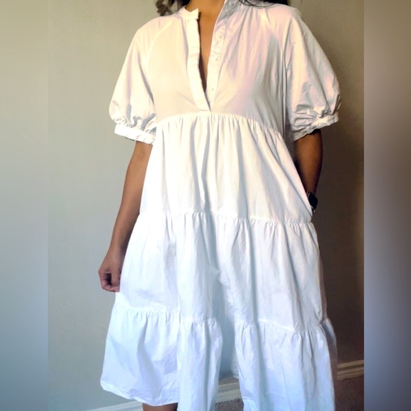 English Factory 100% cotton midi white tiered dress with puff sleeves and pocket - Picture 5 of 6